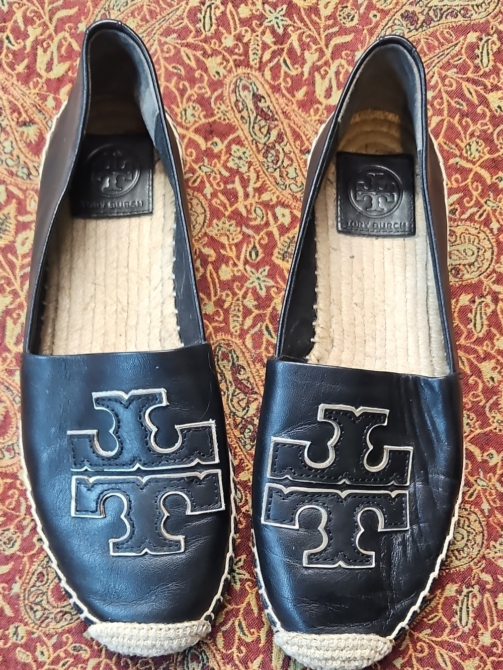 Tory Burch Ines Espadrille Leather Flat Black Silver Shoes US 8